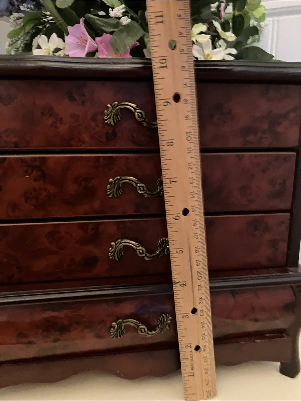 Classic Wood Jewelry Chest in Rich Brown Flip Up Top Mirror & 3 Drawers